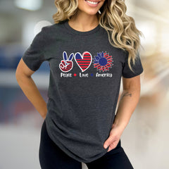 "Peace Love America" Patriotic Sunflower Graphic Tee, a Summer Celebration Pick for Everyone