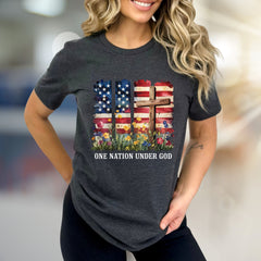 "ONE NATION UNDER GOD" Patriotic Floral Graphic Tee, A Faith-Inspired Statement for Believers