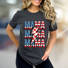 "MAMA" American Flag Lightning Bolt Graphic Tee, a Patriotic Pick for Proud Moms