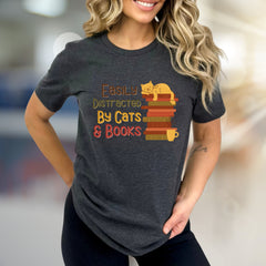 "Easily Distracted By Cats & Books" Cozy Reader Graphic Tee, a Feline Fan Pick for Book Lovers
