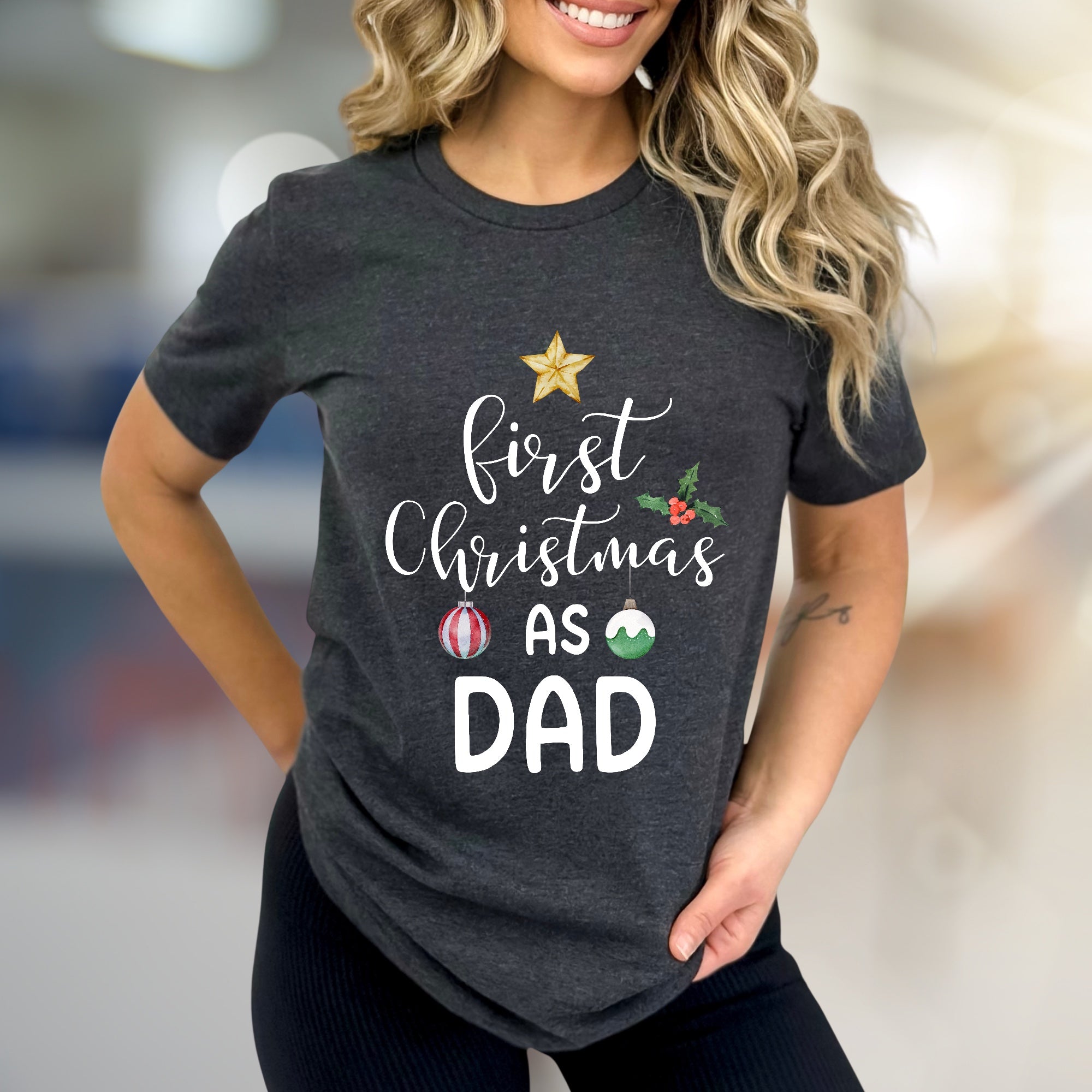"First Christmas As Dad" Festive Graphic Tee, a New Dad's Holiday Pick