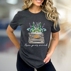 "Free Your Mind" Typewriter Floral Graphic Tee, a Creative Expression Unisex Tee