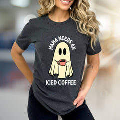 "Mama Needs An Iced Coffee" Spooky Coffee Lover Graphic Tee, a Humorous Mom Pick for Everyday Comfort