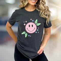 Happy Holly Jolly Smile Face Graphic Tee, a Festive Comfort Pick for Joyful Spirits