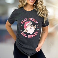 "Stay Merry and Bright" Groovy Santa Graphic Tee, a Retro Christmas Pick for Holiday Lovers