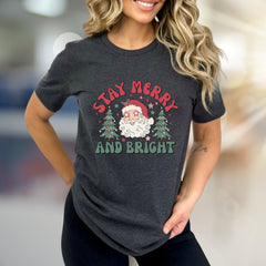 "Stay Merry and Bright" Festive Santa Graphic Tee, a Retro Christmas Pick for Holiday Lovers
