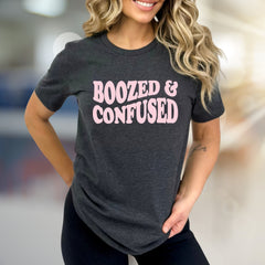 "BOOZED & CONFUSED" Retro Party Graphic Tee, a Fun Social Pick for Free Spirits