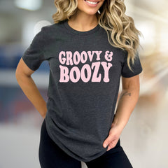 "Groovy & Boozy" Retro Fun Graphic Tee, a Party Vibe Pick for Free Spirits