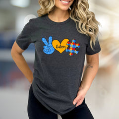 “Autism” Peace, Love & Puzzle Graphic Tee, a Supportive Awareness Pick for Advocates