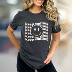 "keep smiling" Retro Smiley Face Graphic Tee, a Positive Vibe Pick for Everyone