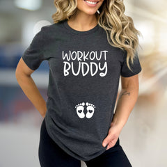 "Workout Buddy" Maternity Graphic Tee, a Pregnancy-Fit Pick for Expecting Moms