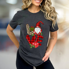"LOVE" Gnome Leopard Plaid Graphic Tee, a Festive Holiday Gift for Her