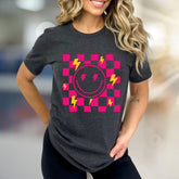 Neon Checkerboard Lightning Smiley Face Graphic Tee, a Bold Y2K Pick for Trendsetters