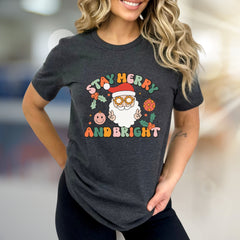 "Stay Merry And Bright" Retro Santa Graphic Tee, a Groovy Holiday Pick for Everyone