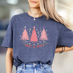 "Merry & Bright" Festive Christmas Trees Graphic Tee, a Whimsical Pick for Holiday Enthusiasts