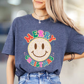 "Merry Christmas" Leopard Smiley Graphic Tee, a Festive Retro Pick for Holiday Lovers