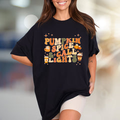 "Pumpkin Spice & Call Lights" Retro Fall Graphic Tee, a Seasonal Comfort Pick for Autumn Lovers