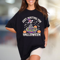 "JUST WAITING FOR HALLOWEEN" Spooky Skeleton Graphic Tee, a Funny Holiday Pick for Spooky Season Lovers
