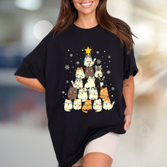 Charming Cat Christmas Tree Graphic Tee, A Cozy Holiday Pick for Pet Lovers
