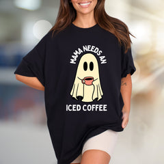 "Mama Needs An Iced Coffee" Spooky Coffee Lover Graphic Tee, a Humorous Mom Pick for Everyday Comfort