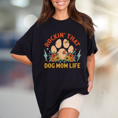 "Rockin' That Dog Mom Life" Retro Dog Mama Graphic Tee, a Paw Print Style Pick for Pet Owners