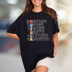 "Amazing Loving Strong Happy Selfless Graceful" Motherhood Graphic Tee, a Heartfelt Pick for Moms