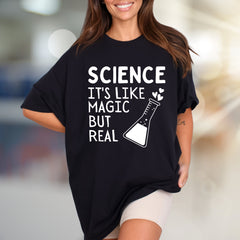"Science It's Like Magic But Real" Lab Beaker Graphic Tee, a Quirky STEM Pick for Enthusiasts