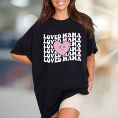 "LOVED MAMA" Retro Wavy Heart Graphic Tee, a Sweet Mother's Day Pick for Her