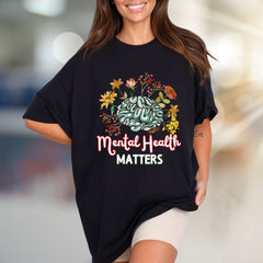 "Mental Health Matters" Floral Brain Graphic Tee, a Wellness Pick for Advocates