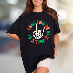 "Dead Inside But Jolly AF" Christmas Skeleton Graphic Tee, a Witty Holiday Pick for Festive Souls