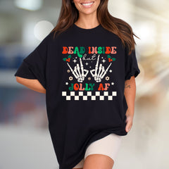 "Dead Inside But Jolly AF" Christmas Skeleton Graphic Tee, A Humorous Holiday Pick for Festive Vibes
