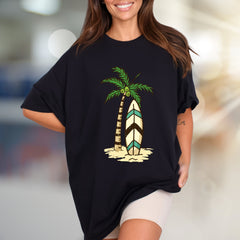 Palm Tree Surfboard Island Zen Graphic Tee, A Tropical Escape for Beach Lovers