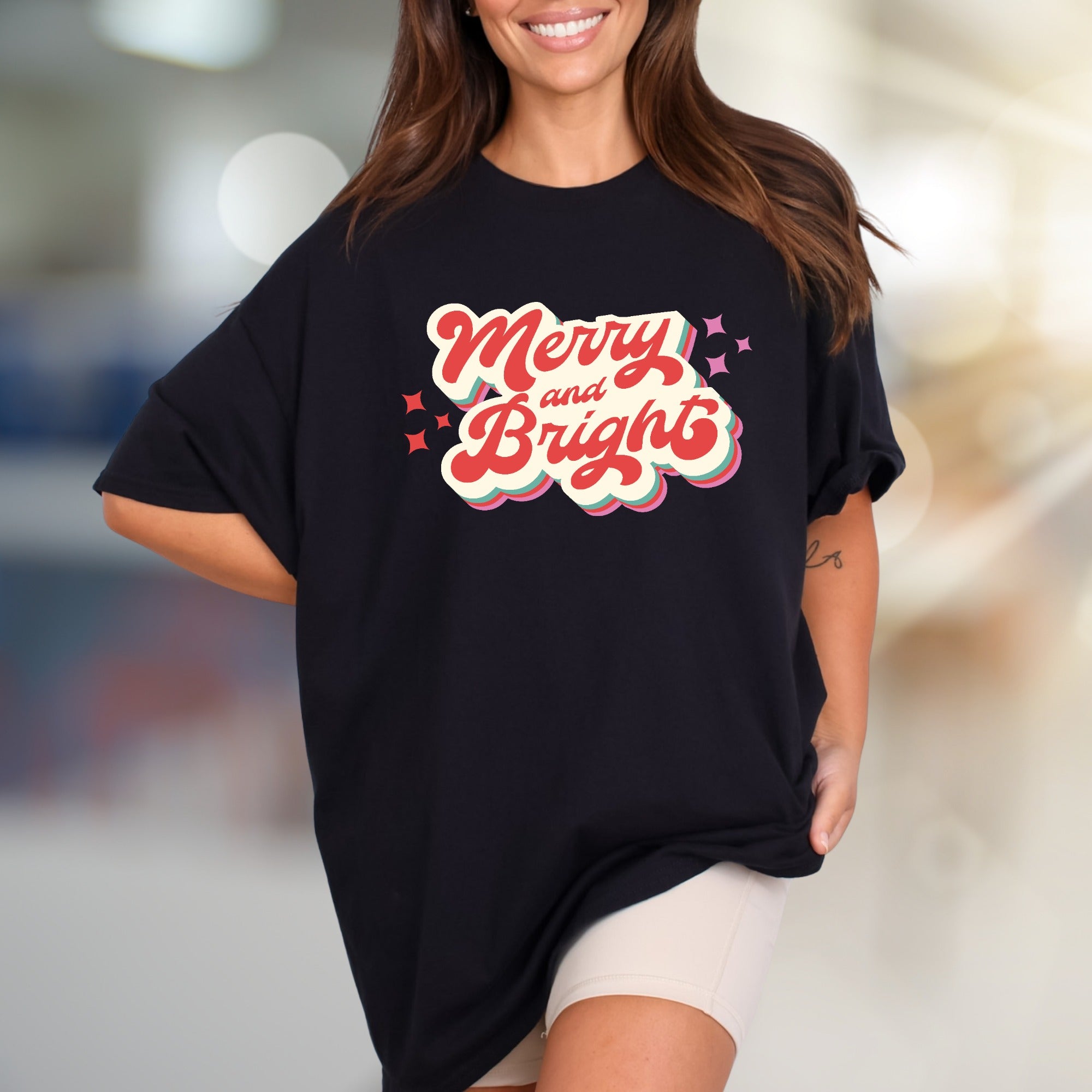 "Merry and Bright" Retro Holiday Graphic Tee, a Festive Pick for Joyful Souls