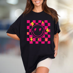 Neon Checkerboard Lightning Smiley Face Graphic Tee, a Bold Y2K Pick for Trendsetters