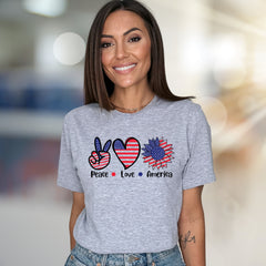"Peace Love America" Patriotic Sunflower Graphic Tee, a Summer Celebration Pick for Everyone