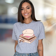 Sleeping Cat on Books Graphic Tee, a Cozy Literary Pick for Book Lovers