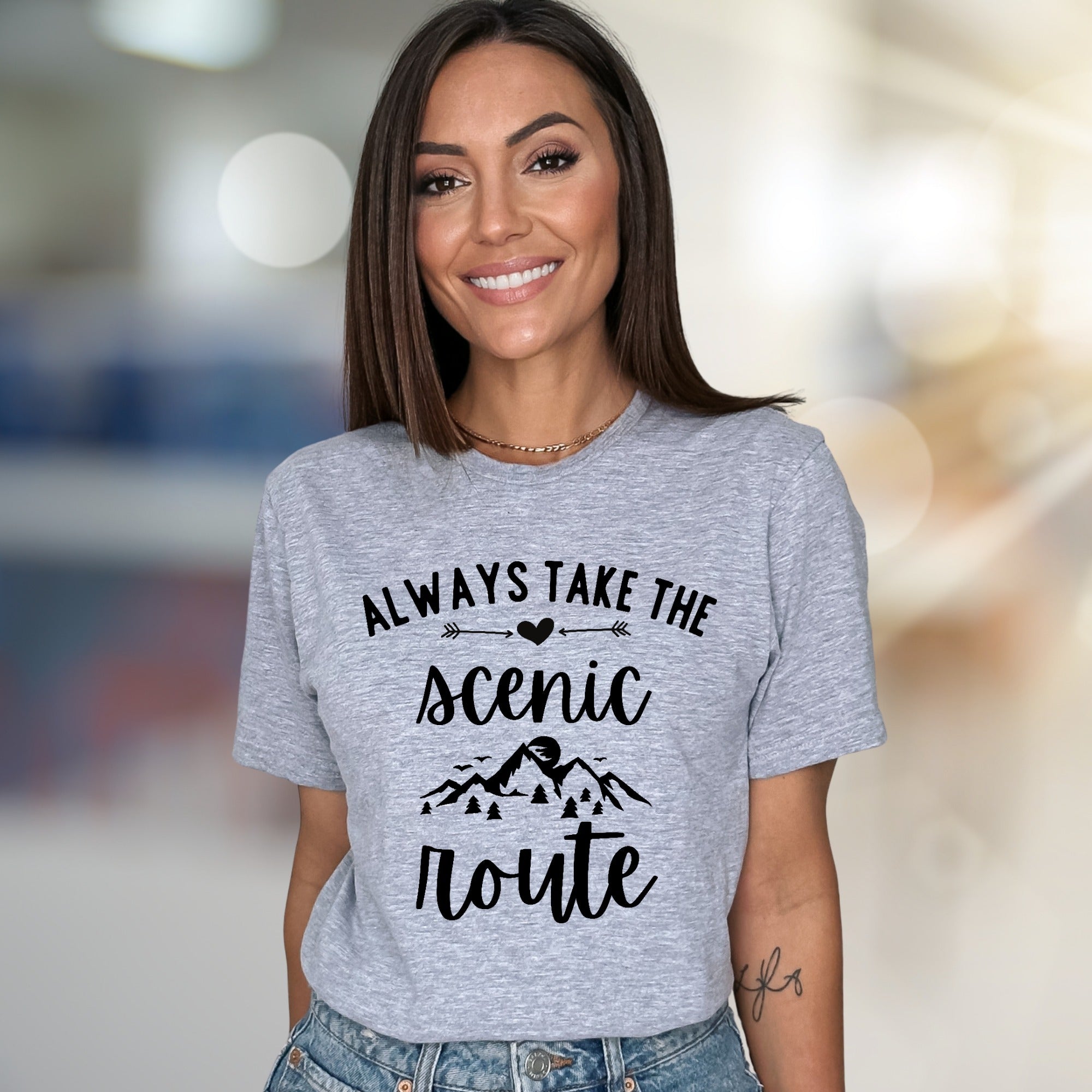 "Always Take the Scenic Route" Mountain Graphic Tee, a Nature Lover's Pick for Adventurers