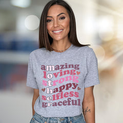 "Amazing Loving Strong Happy Selfless Graceful" Empowering Groovy Graphic Tee, a Self-Love Pick for Her