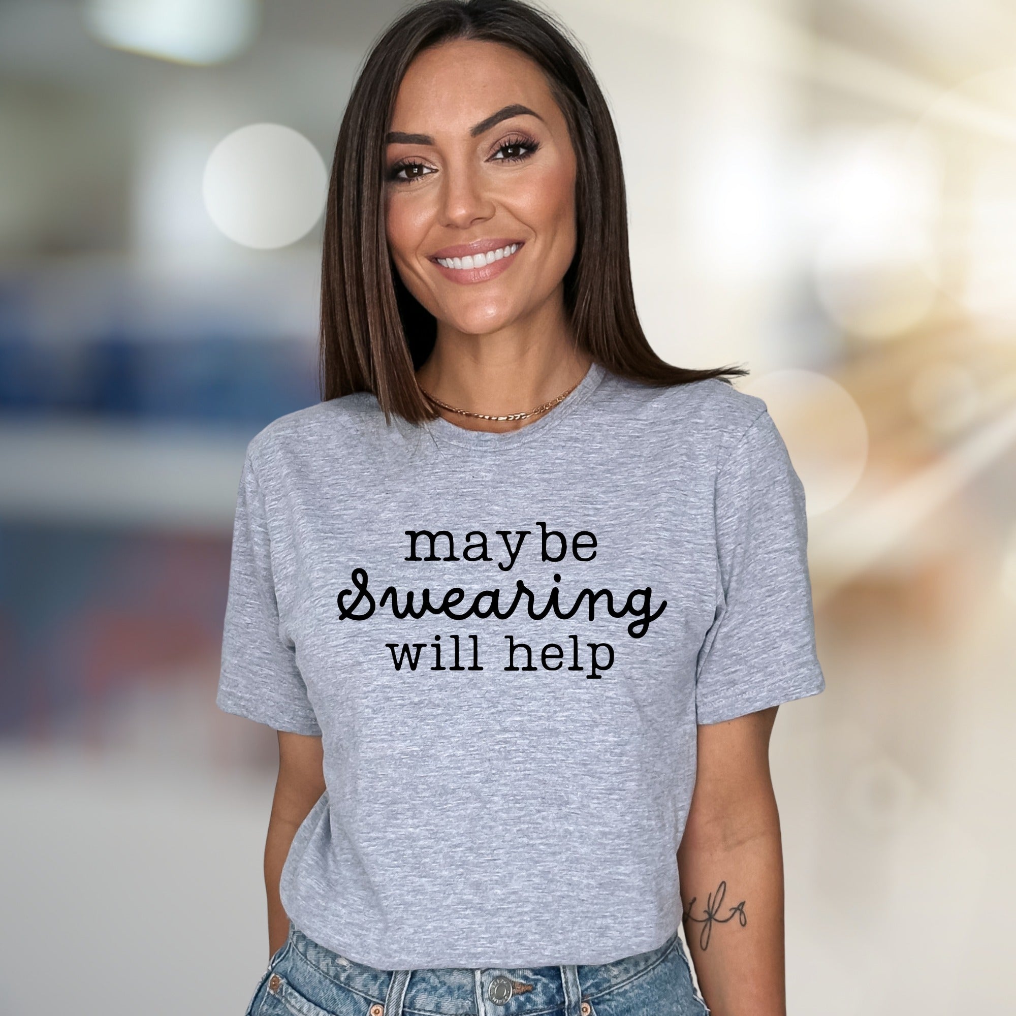 "maybe Swearing will help" Sarcastic Graphic Tee, A Humorous Pick for Wit Lovers