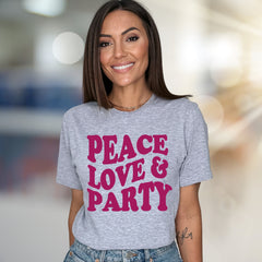"Peace Love & Party" Groovy Graphic Tee, a Retro-Vibe Pick for Free Spirits
