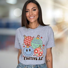 "Festive AF" Retro Holiday Ornaments Tee, a Groovy Christmas Pick for Everyone