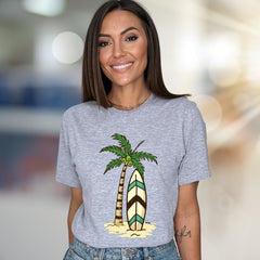 Palm Tree Surfboard Island Zen Graphic Tee, A Tropical Escape for Beach Lovers