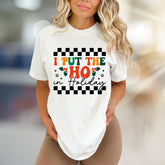 "I PUT THE HO IN Holiday" Checkerboard Graphic Tee, A Retro Holiday Pick for Festive Spirits