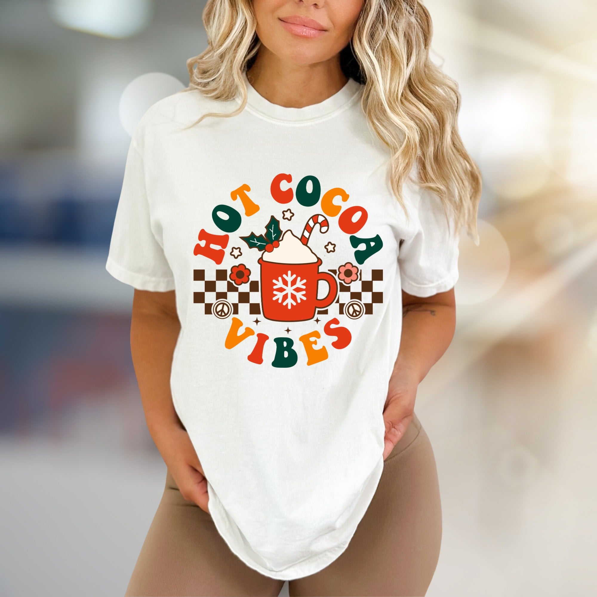 "Hot Cocoa Vibes" Retro Graphic Tee, a Whimsical Pick for Winter Lovers