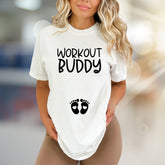 "Workout Buddy" Maternity Graphic Tee, a Pregnancy-Fit Pick for Expecting Moms