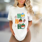 "HO HO HO" Christmas Characters Graphic Tee, a Festive Holiday Pick for Merrymakers