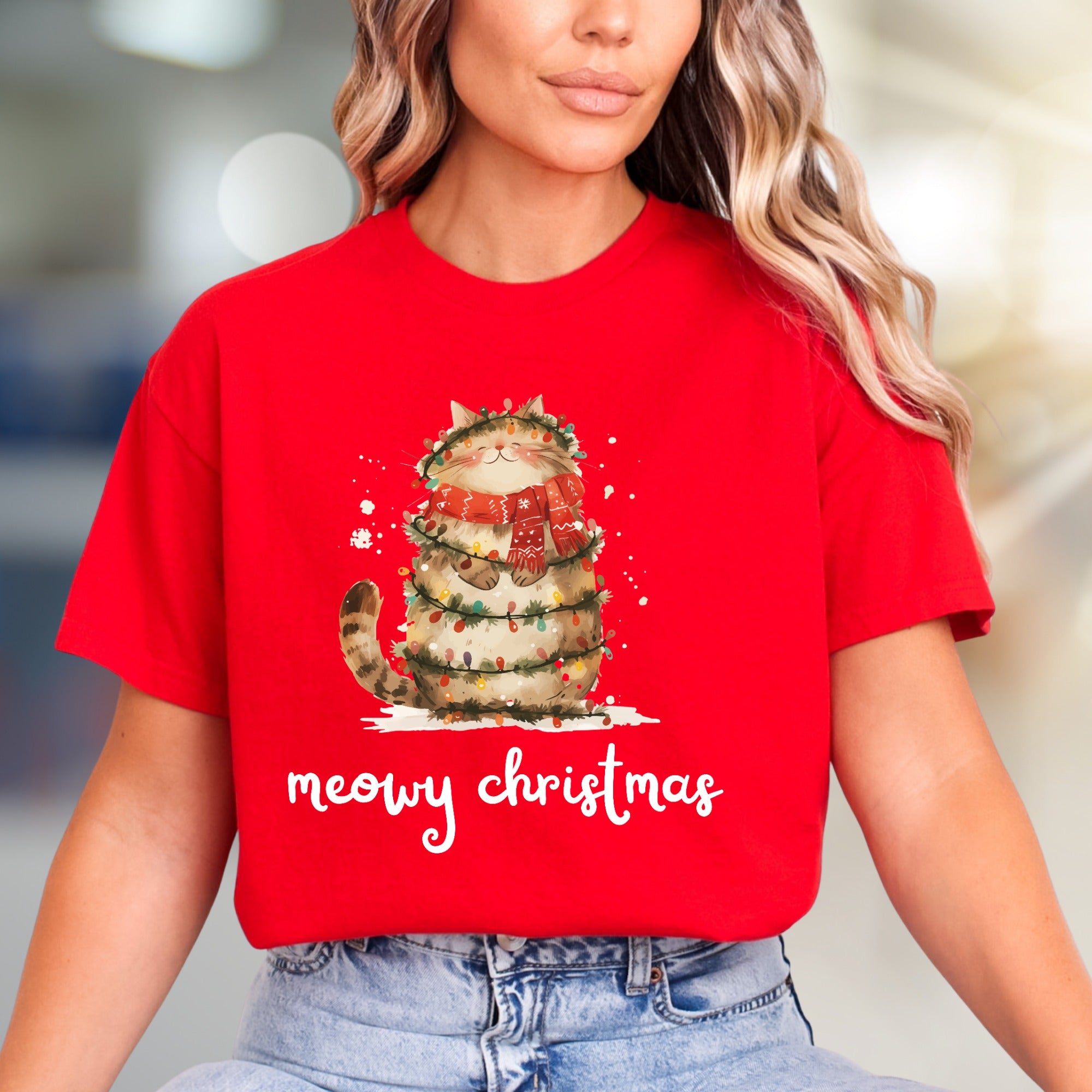 "Meowy Christmas" Cute Cat Graphic Tee, a Festive Pet Lover's Pick for the Holidays