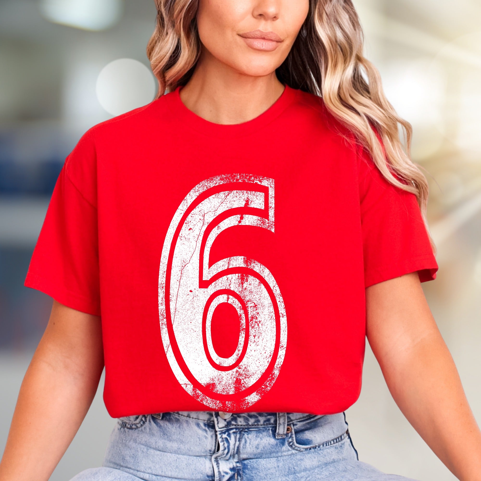 "6" Distressed Number Graphic Tee, a Bold Sporty Pick for Anyone