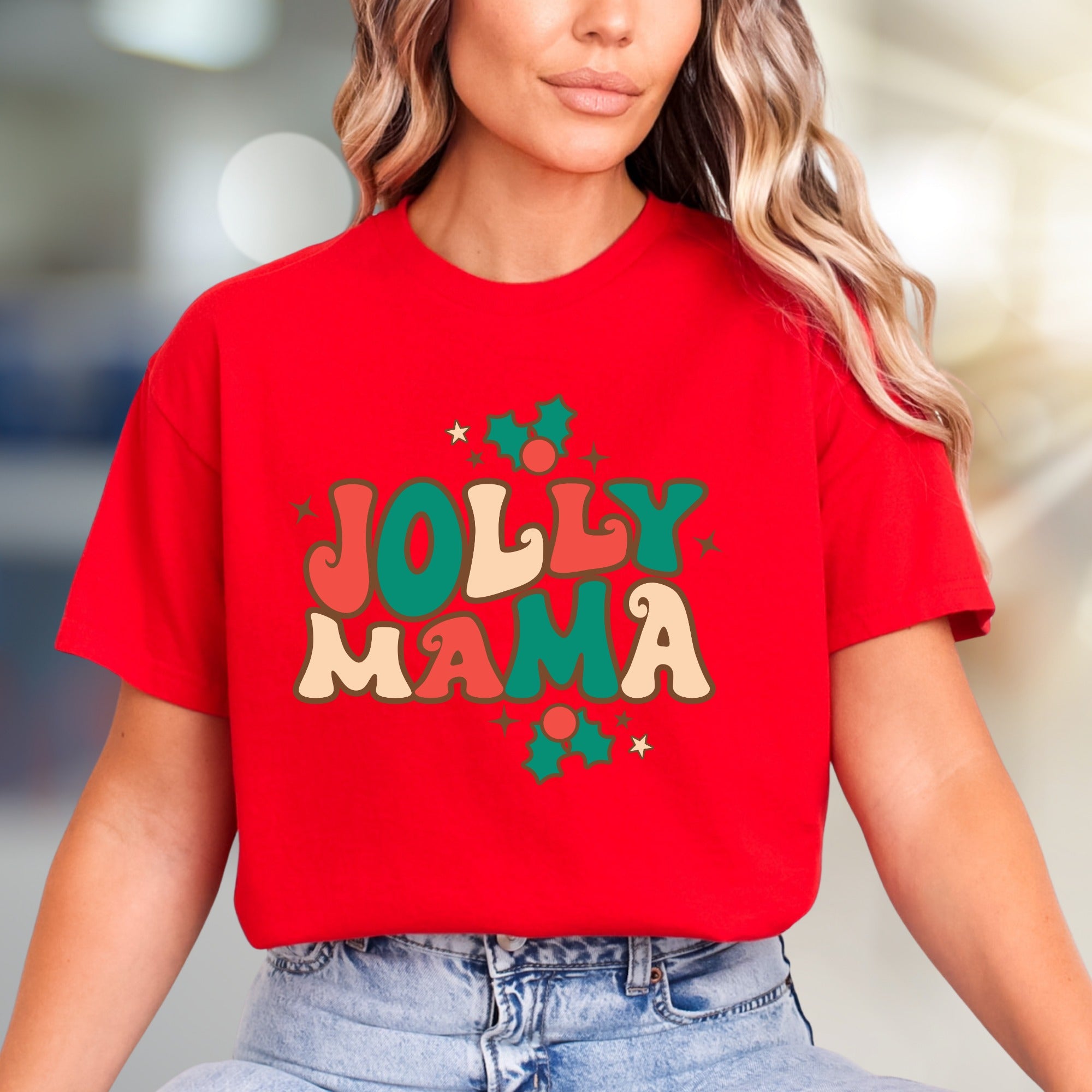 "Jolly Mama" Retro Christmas Graphic Tee, a Festive Pick for Merry Moms