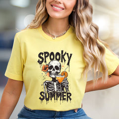 "Spooky Summer" Skeleton Cocktail Graphic Tee, a Gothic Beach Pick for Dark Humor Enthusiasts
